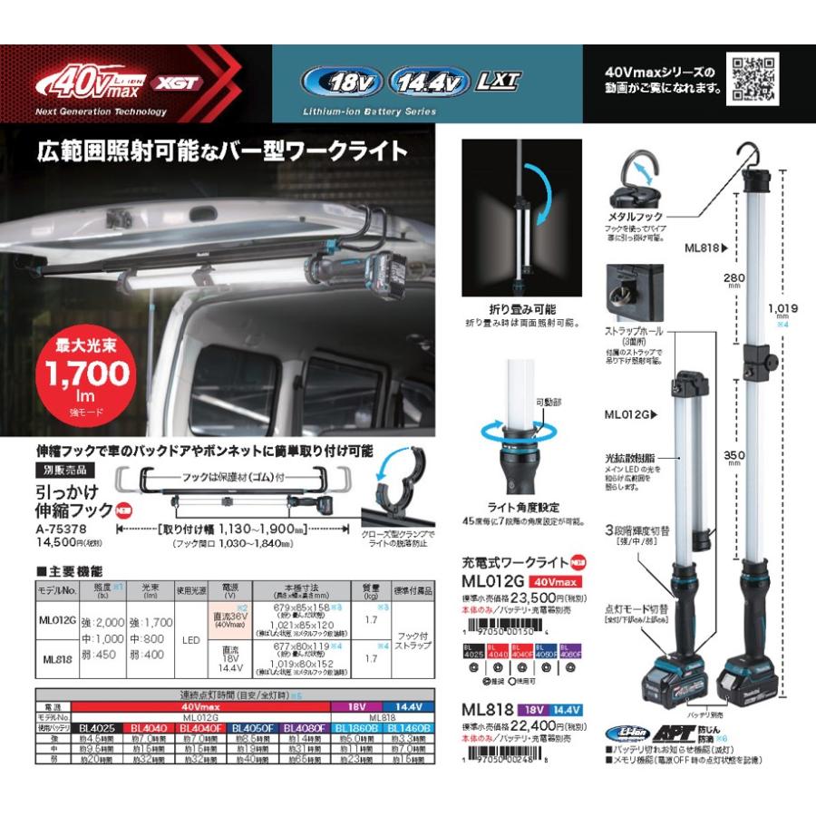 マキタ（makita） ML012G 充電式ワークライト(40V) 長さ:350mm〜1,019
