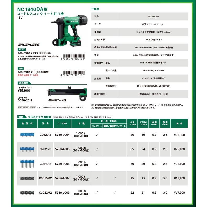 HiKOKI(ハイコーキ) コードレスコンクリート釘打機 NC1840DA 2XPZ 18V マルチボルト エアスプリング方式 ブラシレス 15-40mm 25本装てん ケース付