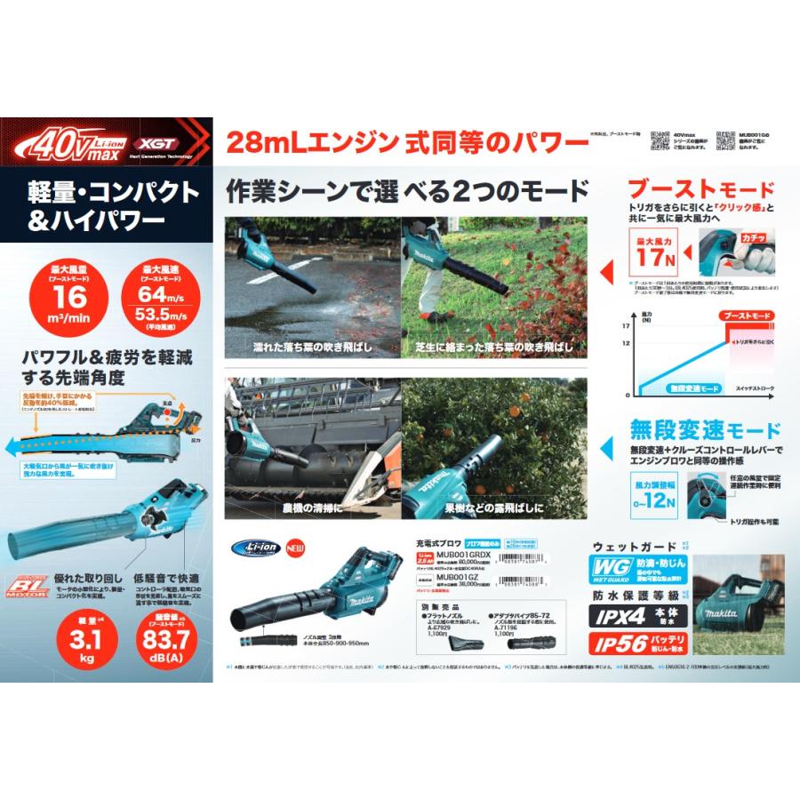 マキタ(makita) 充電式ブロワ MUB001GZ 40V【本体のみ】28mLエンジン式同等のパワー｜total-homes｜03