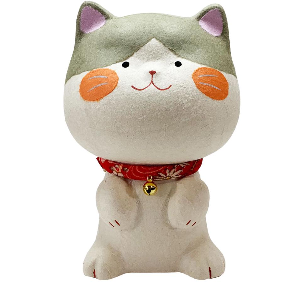 縁起物 ちぎり和紙 新 幸せ多良福ねこB 19cm ぶち猫 グレー 龍虎堂 ね