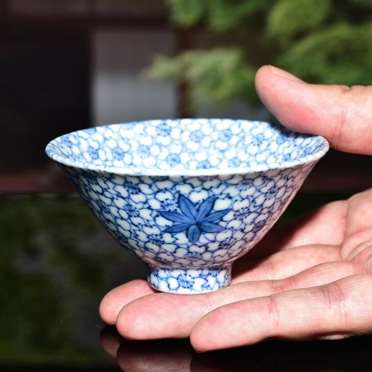 京焼 清水焼 陶あん 染付 小紋 盃（雲錦手 青）_4