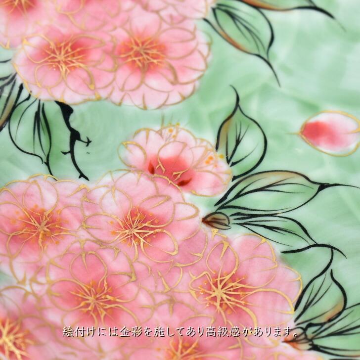 京焼 清水焼 陶あん 色絵付け 中皿 丸平皿(緑地×八重桜 ピンク) : 陶