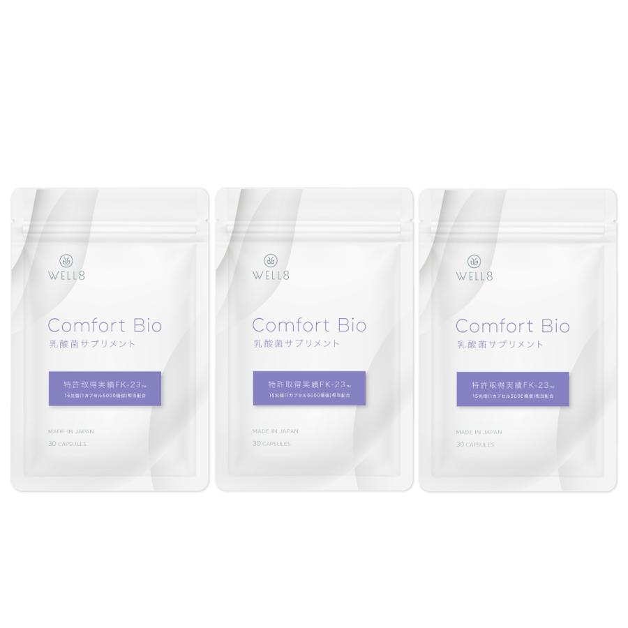 3袋セット【特許取得実績 乳酸菌素材 FK-23 15兆個相当配合】国産 Comfort Bio 乳酸菌 fk23サプリメント 30カプセル フェカリス菌  WELL8 ウェルエイト | WELL8