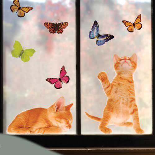 ウィンドウステッカー 猫と蝶々 キャット&バタフライ 窓ガラス用