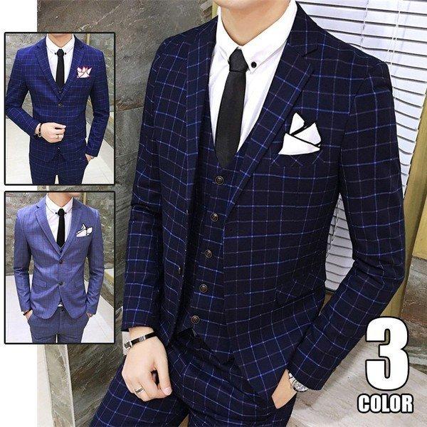 肌触りがいい スーツ 2つボタン スリーピーススーツ チェック柄 メンズ スーツ メンズ 入学式 通勤 スリム カジュアルスーツ ビジネススーツ 2つボタン スリーピーススーツ チェック柄 ビジネススーツ