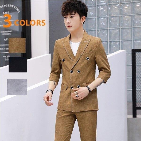 ビジネススーツ スーツセット 2点セット 七分袖 七分丈 無地 メンズスーツ