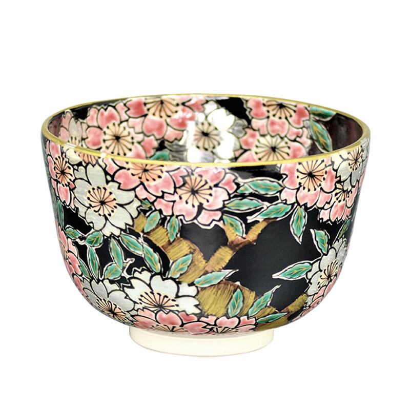 茶碗　黒仁清　八重桜　加藤如水作　（桐箱）