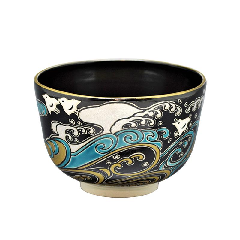 茶碗　黒仁清　波千鳥　加藤如水作　（桐箱）
