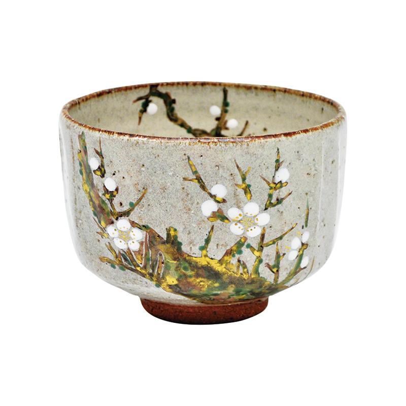 茶碗 灰釉 白梅 中村良二作 （桐箱） 日本茶用品、茶道具-コーヒー、ティー用品-抹茶茶碗