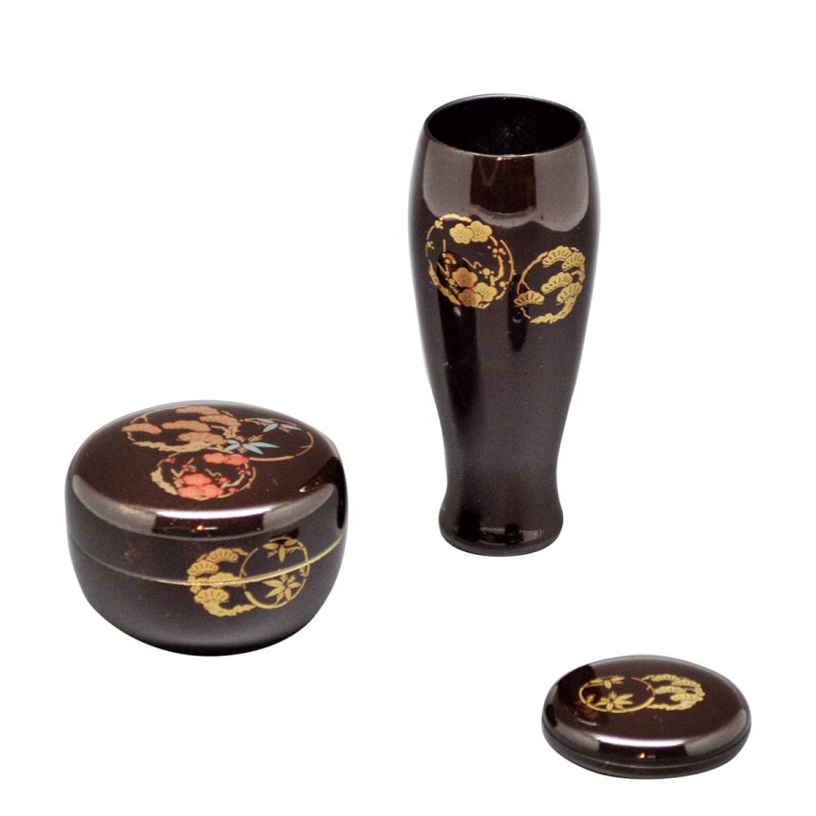 茶道具 塗 三点セット(棗・香合・茶筅筒) 黒 花丸 木製 宗悦作 [黒花丸