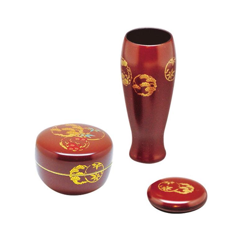 茶箱用 塗三点セット（茶筅筒、棗、香合） 古代朱 花丸（樹脂製