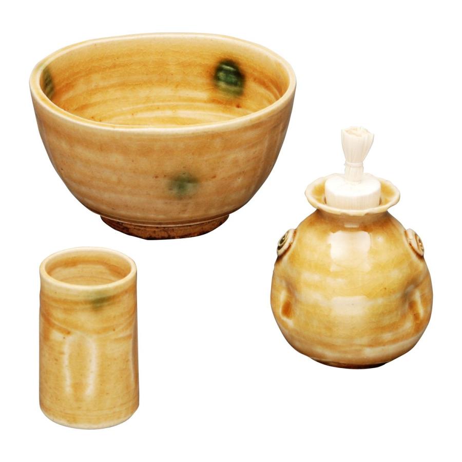 茶箱用 陶器三点セット(利休茶碗、振出し、茶巾筒) 黄瀬戸 鉄山作 : お