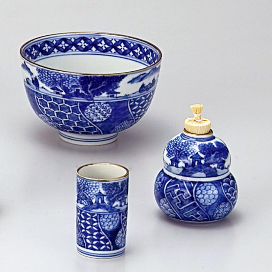 茶箱用 陶器三点セット(利休茶碗、振出し、茶巾筒) 祥瑞 山水 昭