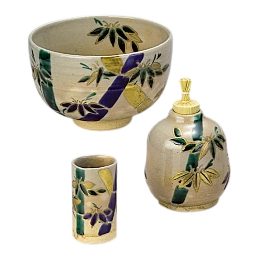 利休箱セット茶碗 振出 茶巾筒 茶筅入 棗 香合 羽箒 美品 茶箱用 陶器三点セット(利休茶碗、振出し、茶巾筒) 乾山 竹 田中香泉作