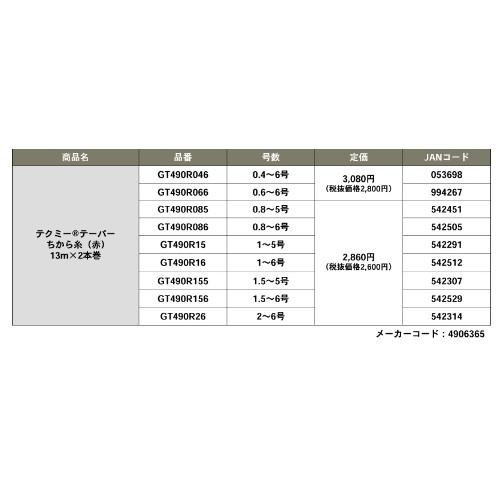 テクミーテーパー力糸 13M 赤 2本 0.6ー6 ゴーセン 継続SALE : 東海