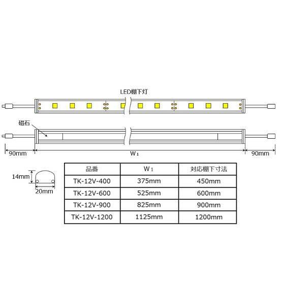 LED棚下灯 LED棚下ライト TK-12V-400-55K 昼白色(5500K) 適用棚450mm マグネット バーライト ライン照明 スリムライト 両端ジャック付 外径5.5mm×内径2.1mm｜toukou-store｜03