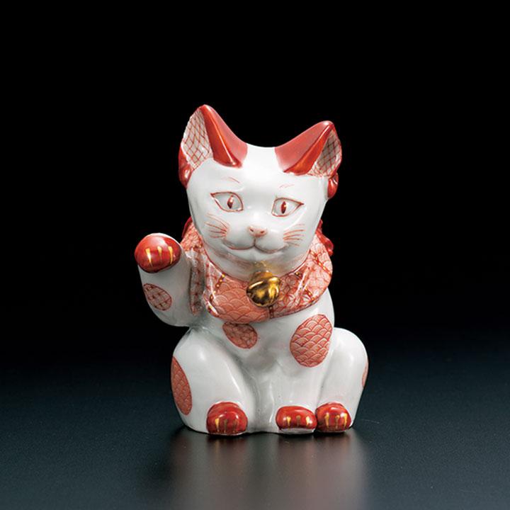 九谷焼 4号招き猫 赤絵細描丸紋/福島礼子 置物 縁起物 招き猫 九谷焼 4号招き猫 赤絵細描丸紋/福島礼子 置物 縁起物 招き猫