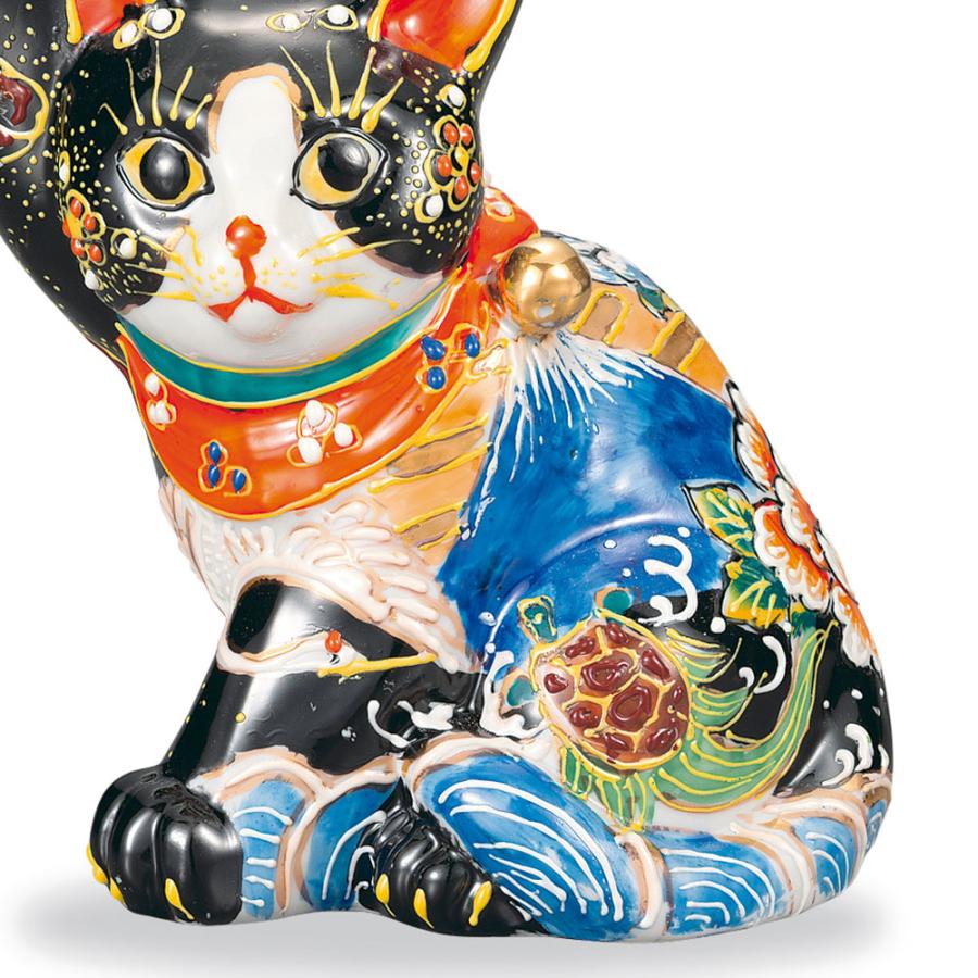 九谷焼 5.5号横座招猫 黒盛鶴亀花と蝶｜ 置物 縁起物 招き猫 人気