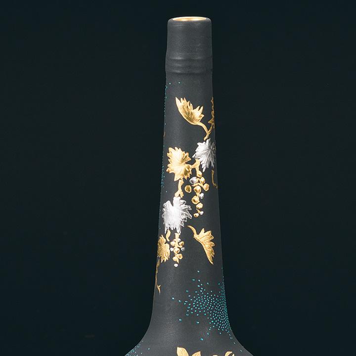 白金盛葡萄図青粒 花瓶 豊穣 九谷焼 「盛金葡萄図青粒 花瓶」 仲田錦玉