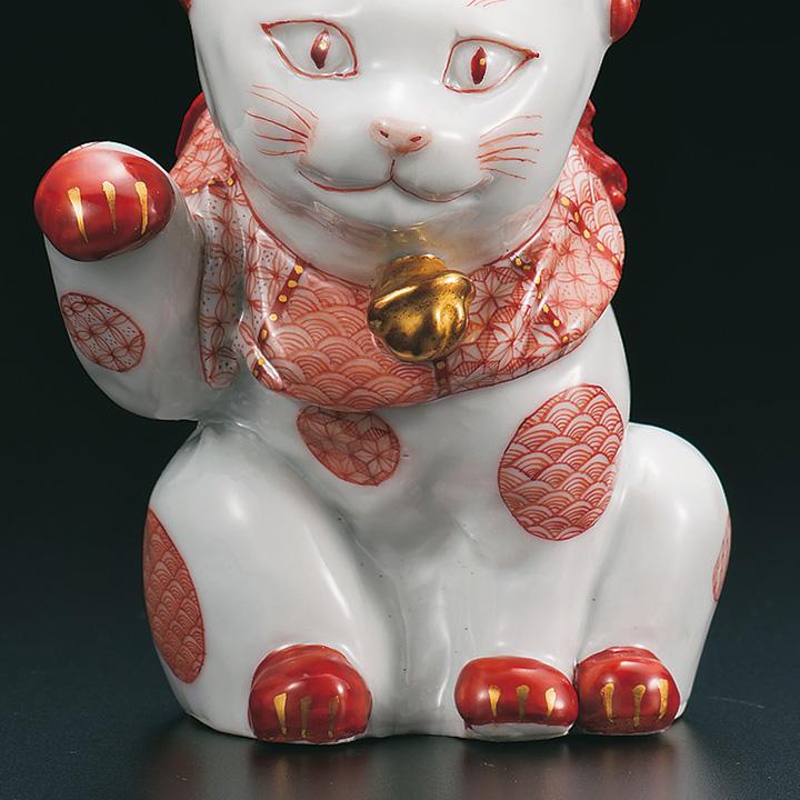 九谷焼　招き猫　有生礼子 九谷焼 4号招き猫 赤絵細描丸紋 / 福島礼子｜ 置物 縁起物 招き猫 人気