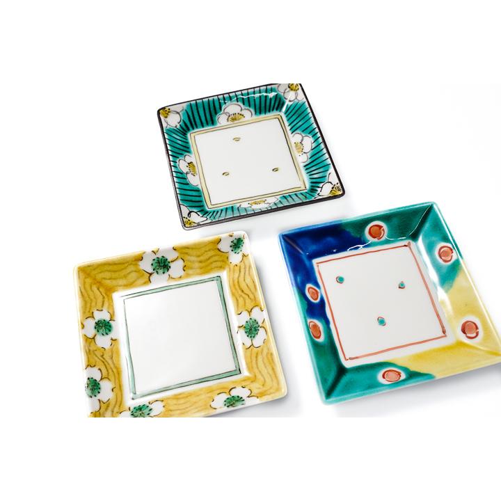 九谷焼 絵変り三寸角皿(5枚一組） / 九谷美陶園 和食器 皿 人気 ギフト