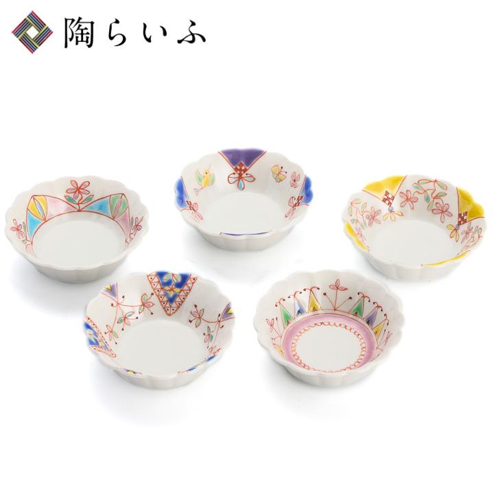 九谷焼 菊型 小付揃 色絵絵変り / 銀舟窯 和食器 5枚 セット 小付 小鉢