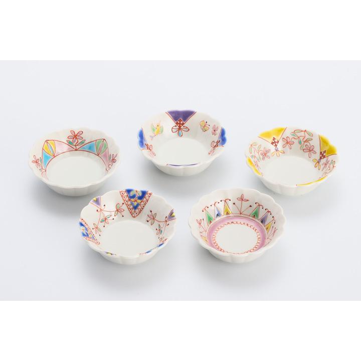 九谷焼 菊型 小付揃 色絵絵変り / 銀舟窯 和食器 5枚 セット 小付 小鉢