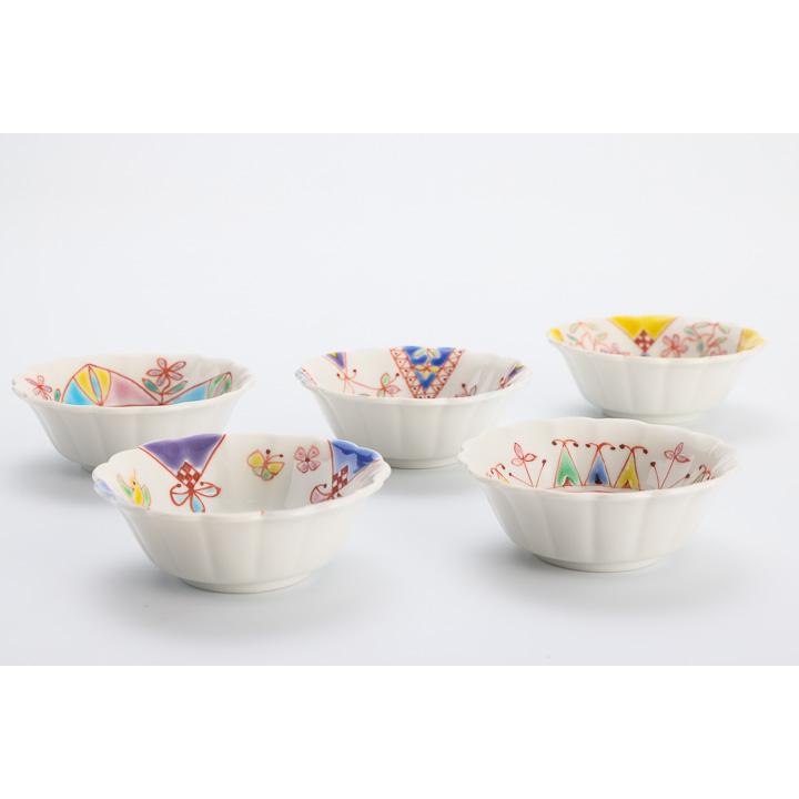 九谷焼 菊型 小付揃 色絵絵変り / 銀舟窯 和食器 5枚 セット 小付 小鉢