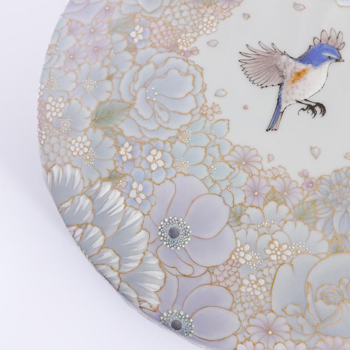 九谷焼 陶筥 本金白藍花詰に小鳥 / 河田里美 ｜ 陶箱 25cm 蓋物 重箱