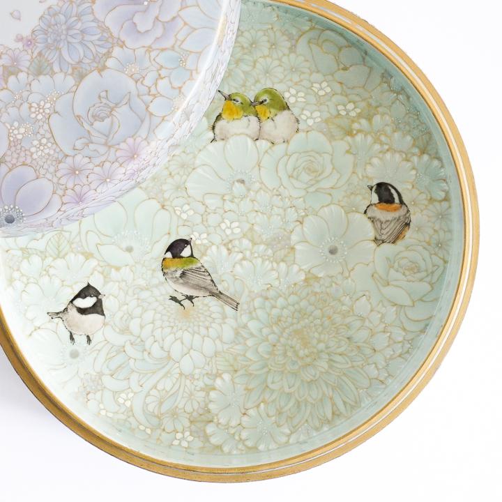 九谷焼 陶筥 本金白藍花詰に小鳥 / 河田里美 | 陶箱 25cm 蓋物 重箱