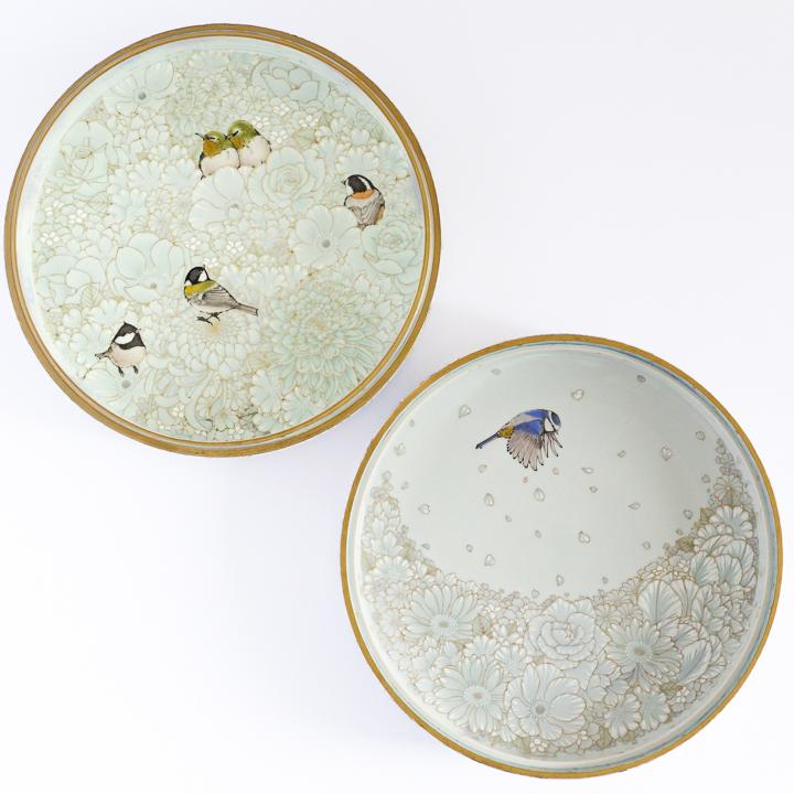 九谷焼 陶筥 本金白藍花詰に小鳥 / 河田里美 | 陶箱 25cm 蓋物 重箱