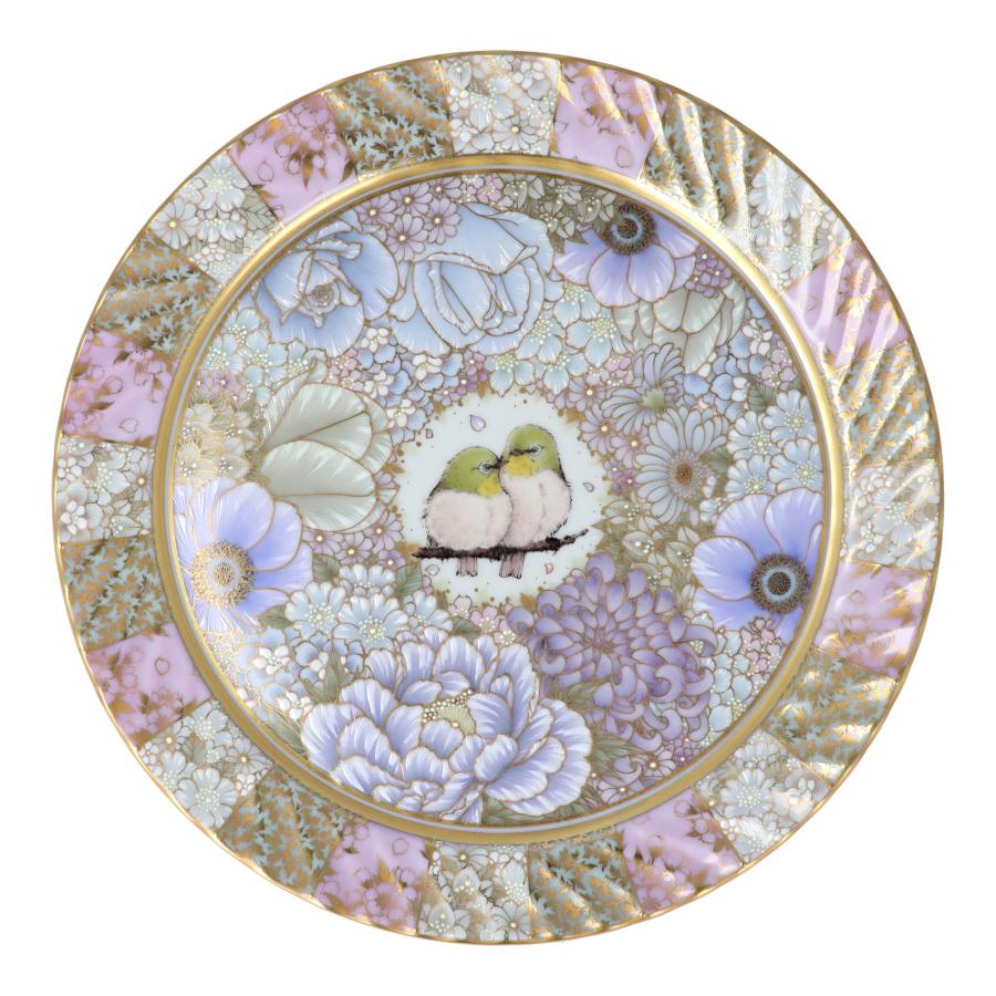 【希少】未使用 九谷焼　湖月 金花詰 31cm　飾り皿　大皿 インテリア 九谷焼 飾皿 本金花詰薄花色に目白 / 河田里美 ｜ 16.3cm 飾り皿 皿