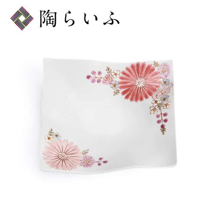 九谷焼 角皿 華 ピンク / 色絵遊 ｜ 波角皿 14cm 中皿 人気 ギフト