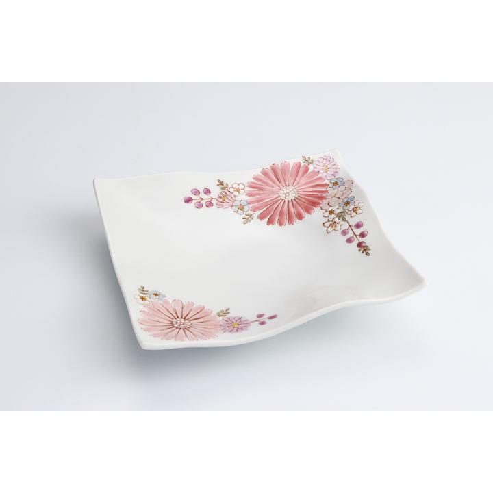 九谷焼 角皿 華 ピンク / 色絵遊 ｜ 波角皿 14cm 中皿 人気 ギフト