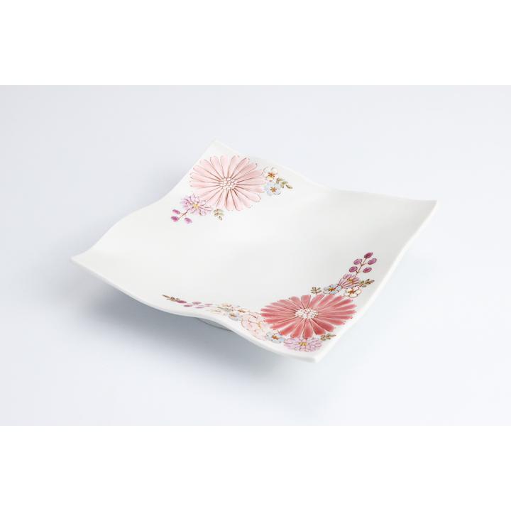 九谷焼 角皿 華 ピンク / 色絵遊 ｜ 波角皿 14cm 中皿 人気 ギフト