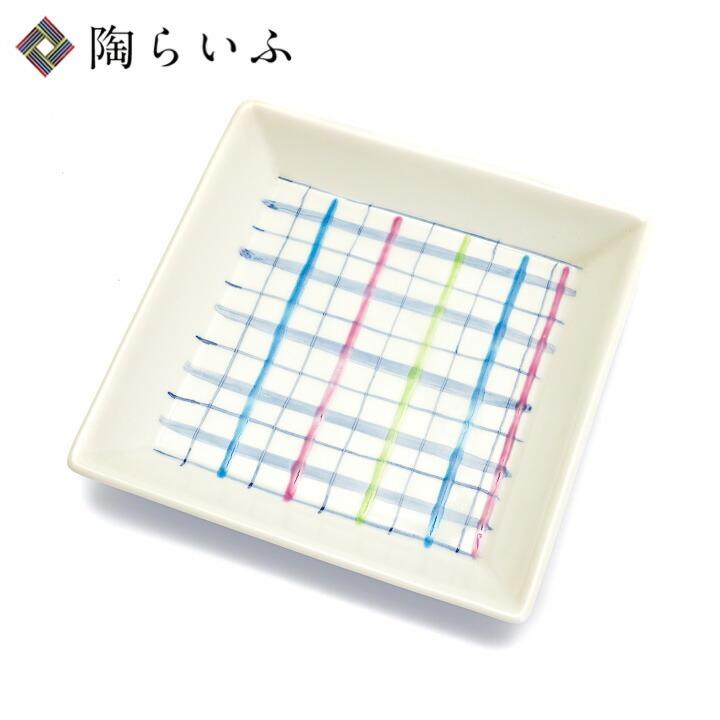 九谷焼 4号 角皿 チェック 青 / 色絵遊 | 中皿 12.8cm 人気 ギフト