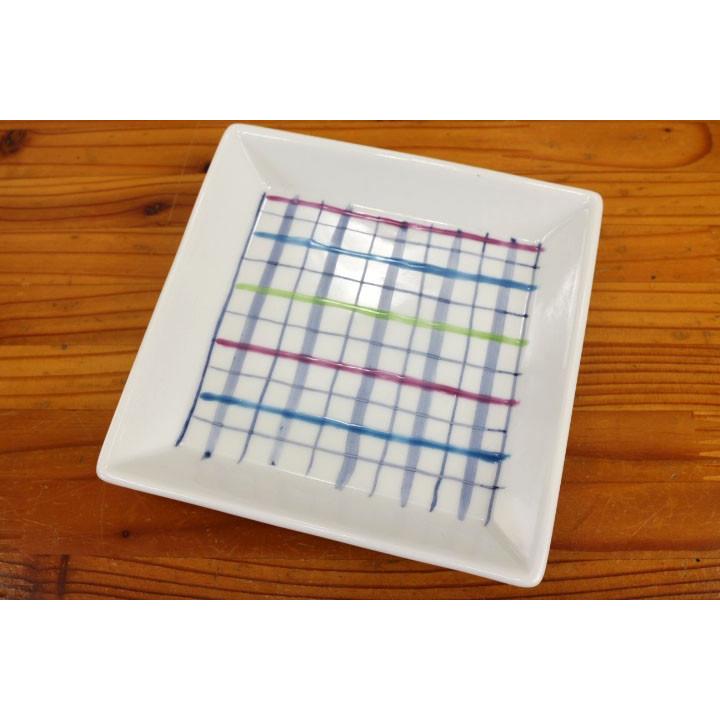九谷焼 4号 角皿 チェック 青 / 色絵遊 | 中皿 12.8cm 人気 ギフト