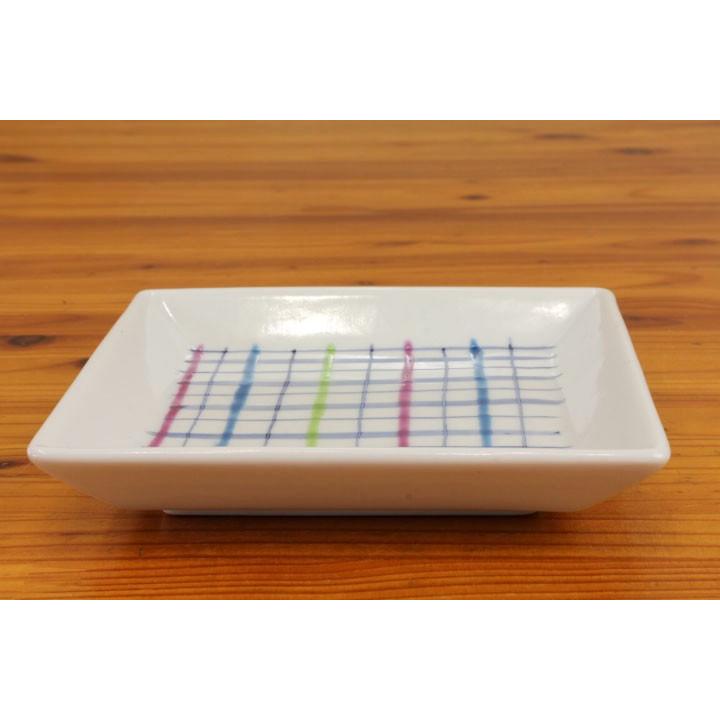 九谷焼 4号 角皿 チェック 青 / 色絵遊 | 中皿 12.8cm 人気 ギフト