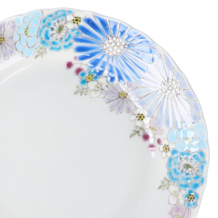 九谷焼 5号輪花皿 花憐 青 / 色絵遊 16.5cm 取り皿 中皿 ケーキ皿 花柄