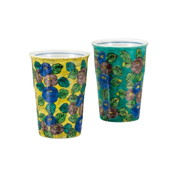 【九谷焼】【値下げ】未使用 茶器 酒器 カップ 皿 一輪挿し セット 九谷焼 ペアフリーカップ 椿 和食器 フリーカップ タンブラー ペア