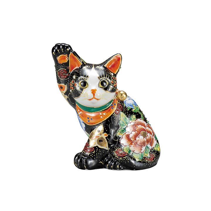 九谷焼 5.5号横座招き猫 黒盛花と蝶 置物 縁起物 招き猫 ギフト 人気