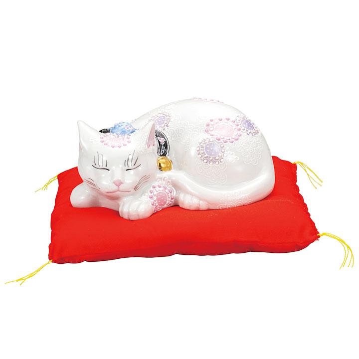 【新品未使用品】九谷焼 眠り猫 花むらさき 置物 座布団付き 九谷焼 6号眠り猫 花むらさき（布団付） 置物 縁起物 招き猫 人気
