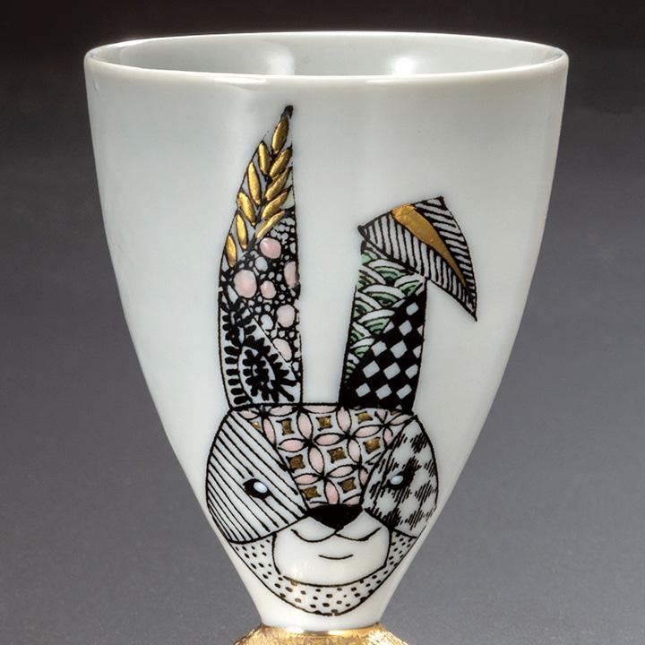 九谷焼 酒盃 線描色絵金彩兎/北村和義 酒器 ワインカップ 人気 九谷焼 酒盃 線描色絵金彩兎/北村和義 酒器 ワインカップ 人気
