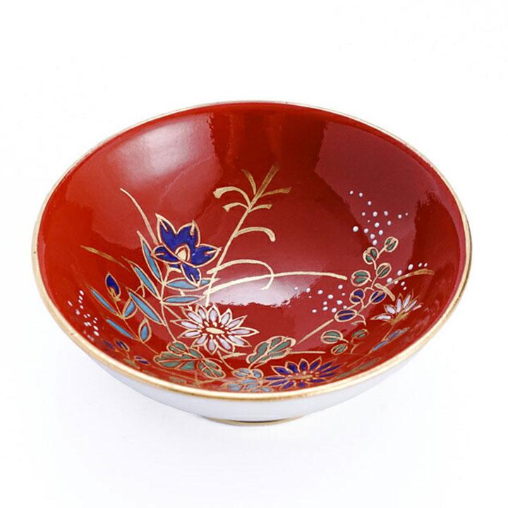 九谷焼 平盃 Shugu 朱地色絵金彩草花文 / 錦山窯 KINZAN 和食器 盃