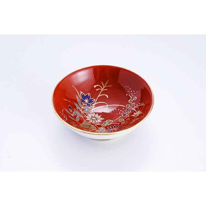 九谷焼 平盃 Shugu 朱地色絵金彩草花文 / 錦山窯 KINZAN 和食器 盃