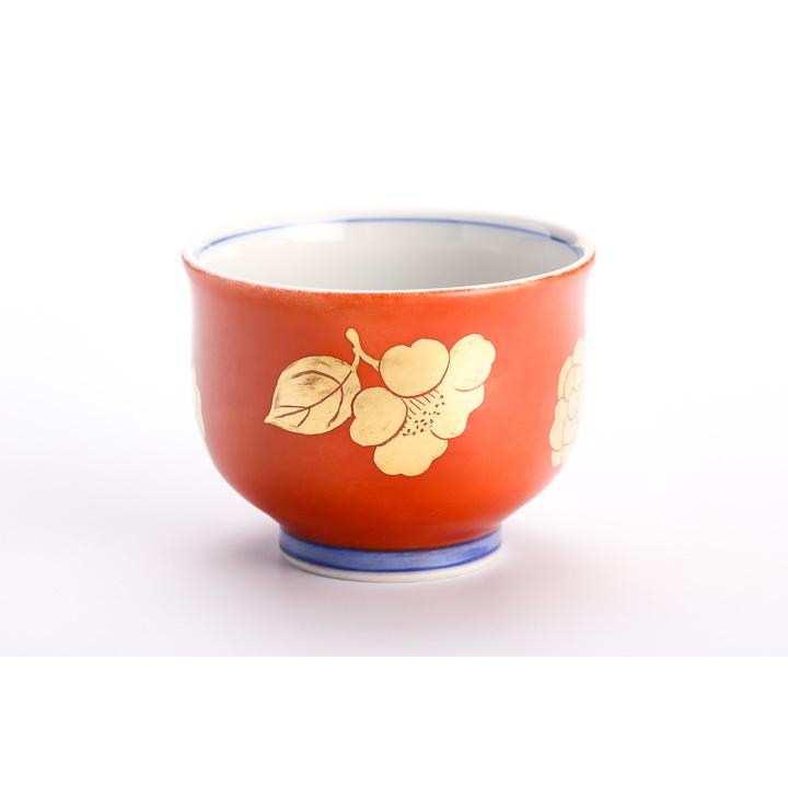 九谷焼 色絵金彩 盃 椿紋 橙 /錦山窯 KINZAN 和食器 酒器 人気 ギフト