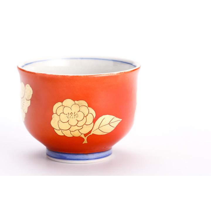 九谷焼 色絵金彩 盃 椿紋 橙 /錦山窯 KINZAN 和食器 酒器 人気 ギフト