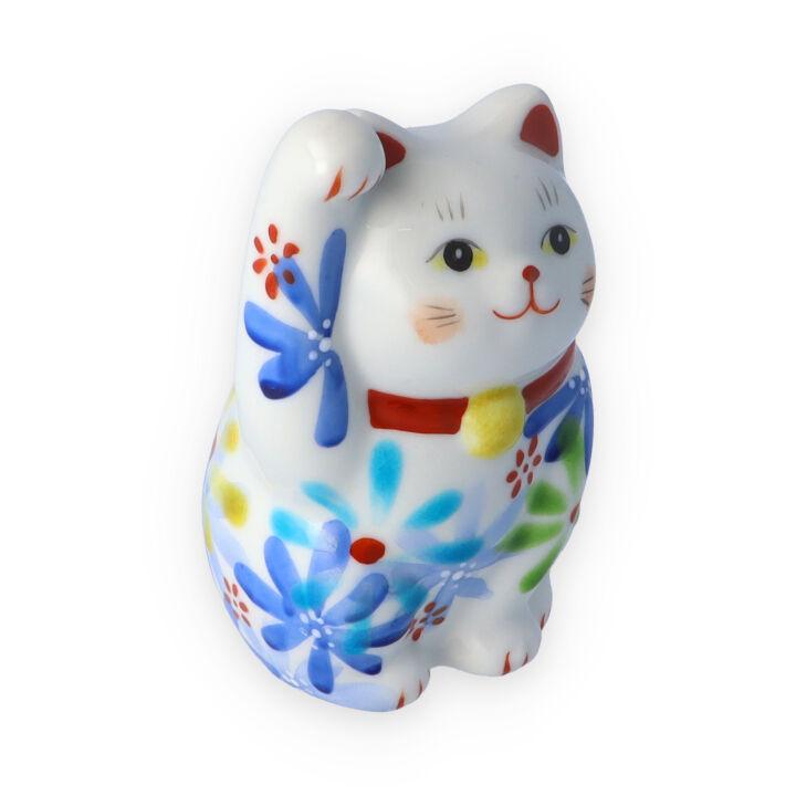 九谷焼　招き猫 陶器製置物 花柄 九谷焼 招き猫 花の宴 -utage- 青（右手） / 虚空蔵窯 置物 縁起物