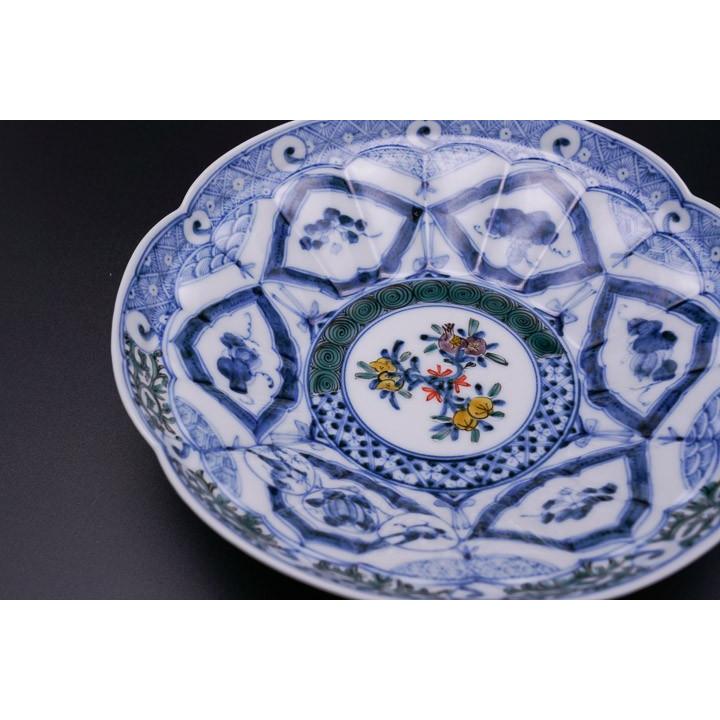 藍九谷 花紋 菊形長皿｜