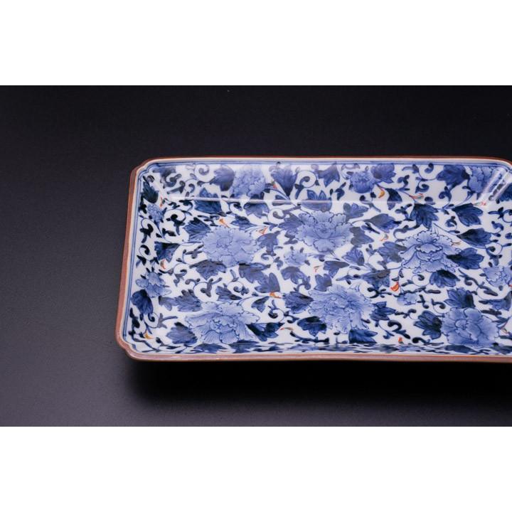 九谷焼 長角皿 色絵牡丹唐草/山本長左（宮内庁御用達窯） 送料無料 和